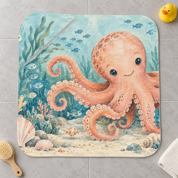 Friendly Octopus Ocean kids hooded bath towel laid flat