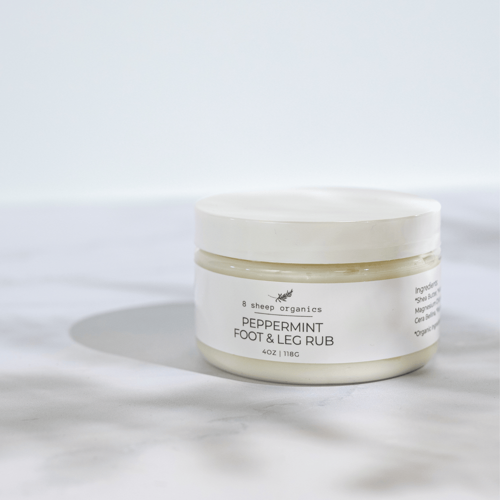 Peppermint Foot & Leg Rub for babies, soothing relief for tired legs and feet, perfect for bedtime relaxation.
