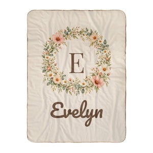 Floral Monogram sherpa baby blanket in cream