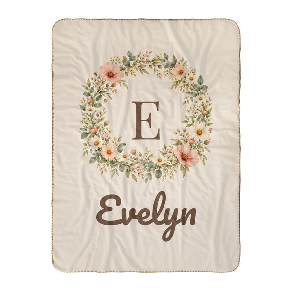 Floral Monogram sherpa baby blanket in cream