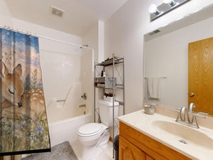 Resting Deer shower curtain on a tub shower combo in an American family bathroom