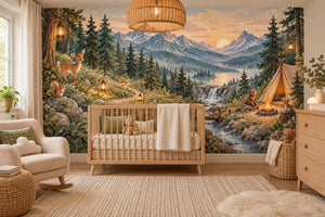 Watercolor Mountain Camp Camping Wall Mural, image 1