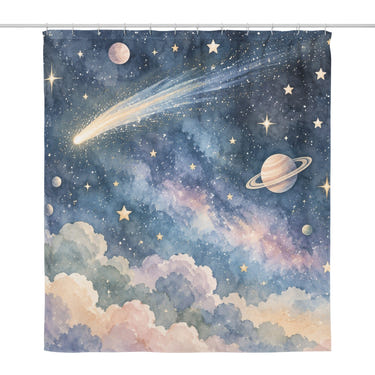Comet Night shower curtain, full front view of the 71 x 74 in fabric curtain