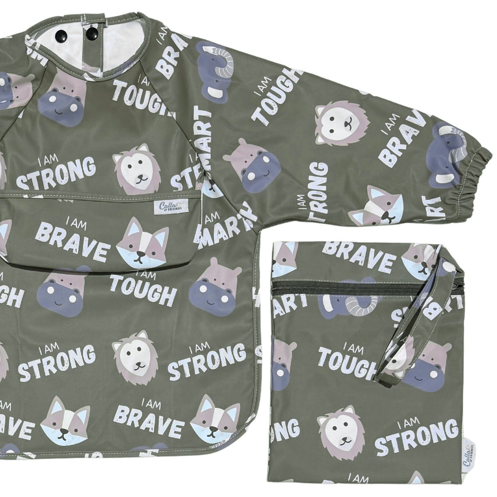 Grayson Long Sleeve Bib featuring Affirmation Animals design for babies, perfect for mess-free mealtime.