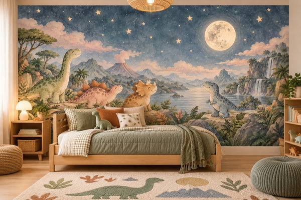 Watercolor Moonlit Dinosaurs Wall Mural, image 2