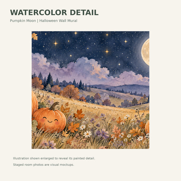 Watercolor Pumpkin Moon Halloween Wall Mural, image 4