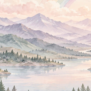 Lavender Peaks Rainbow shower curtain, close up of the watercolor artwork