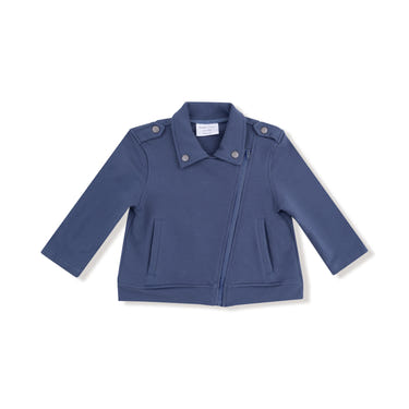 Vintage indigo varsity motorcycle jacket for babies, stylish and trendy outerwear for little ones.