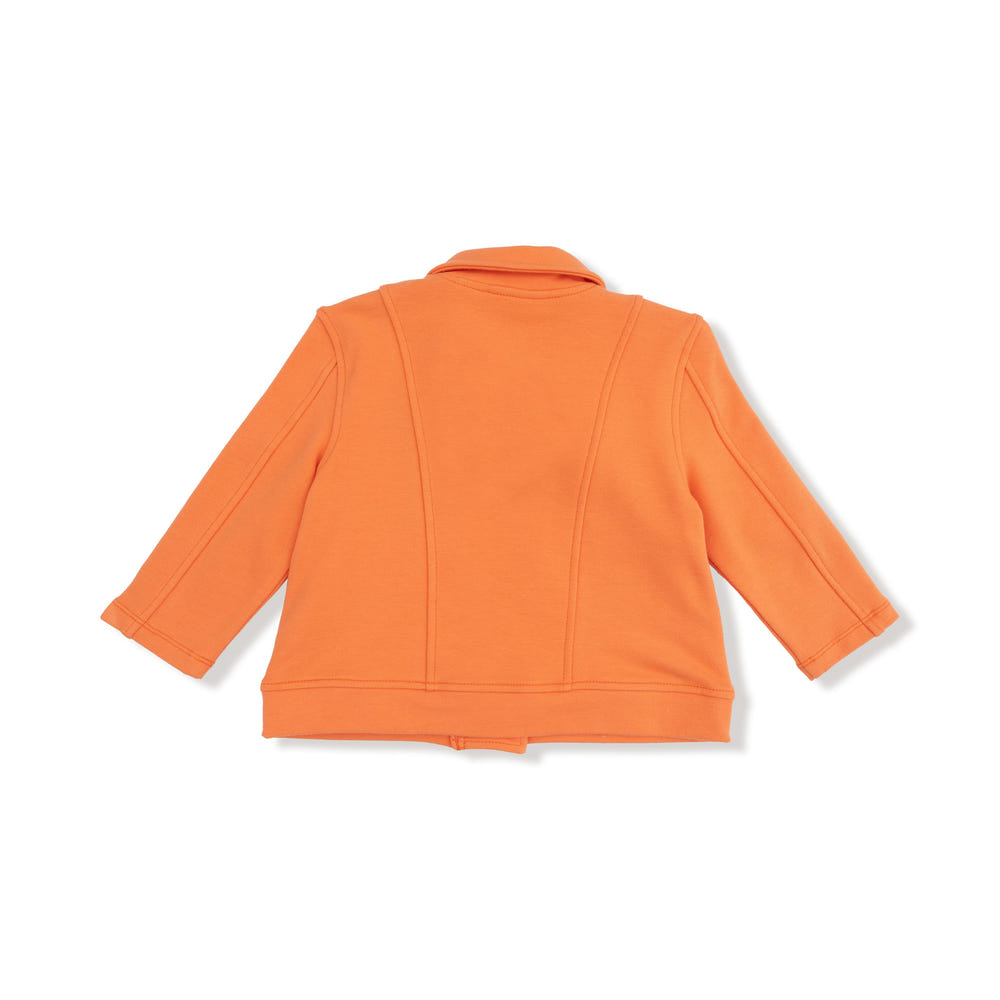 Varsity orange motorcycle jacket for babies, stylish and trendy outerwear for little adventurers.