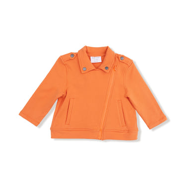 Varsity orange motorcycle jacket for babies, stylish and trendy outerwear for little adventurers.