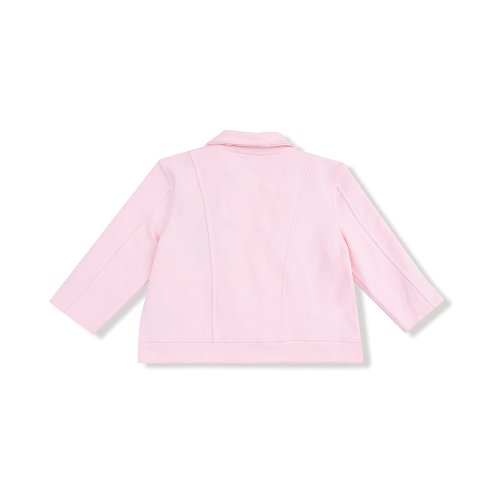 Pink varsity motorcycle jacket for babies, stylish and trendy outerwear for little ones.