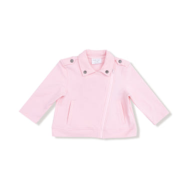 Pink varsity motorcycle jacket for babies, stylish and trendy outerwear for little ones.