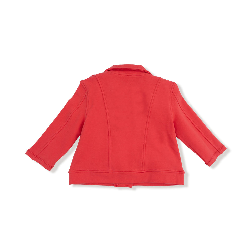 Red varsity motorcycle jacket for babies, stylish and comfortable outerwear for little ones.