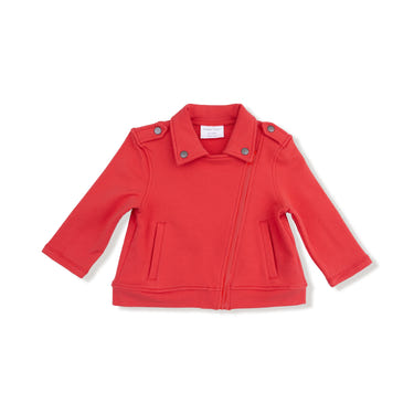 Red varsity motorcycle jacket for babies, stylish and comfortable outerwear for little ones.