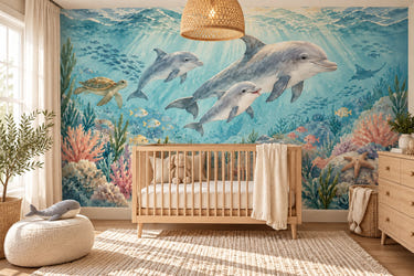 Watercolor Dolphin Family Ocean Wall Mural, image 1