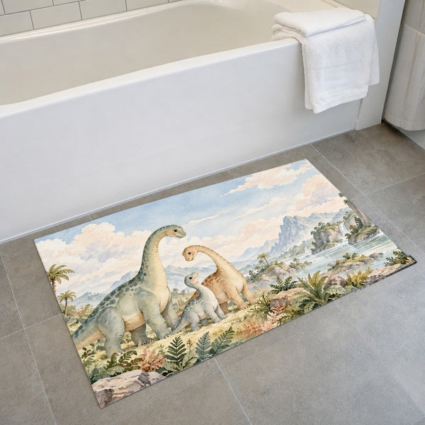 Long Neck Family Dinosaur bath mat on the floor in front of the tub