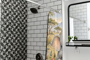 Elephant Drum shower curtain in a modern farmhouse bathroom with subway tile