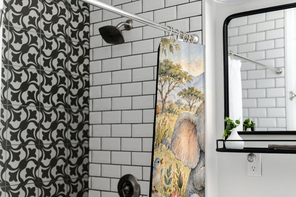 Elephant Drum shower curtain in a modern farmhouse bathroom with subway tile