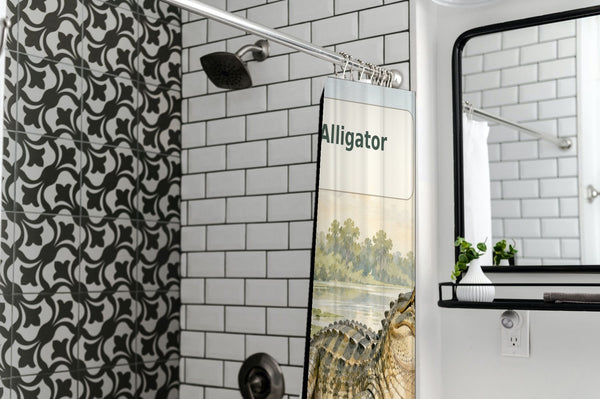 A is for Alligator Alphabet shower curtain in a modern farmhouse bathroom with subway tile