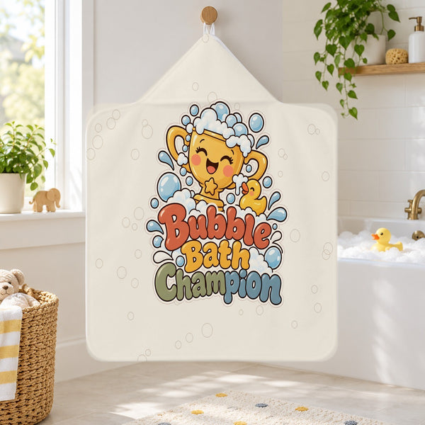 Bubble Bath Champion kids hooded bath towel hanging in a kids bathroom