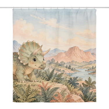 Baby Triceratops Dinosaur shower curtain, full front view of the 71 x 74 in fabric curtain