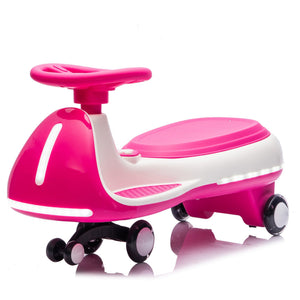 12V Electric Wiggle Ride On Car with dual motors and LED lights, angled view showcasing fun design for kids.