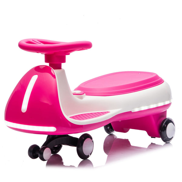 12V Electric Wiggle Ride On Car with dual motors and LED lights, angled view showcasing fun design for kids.
