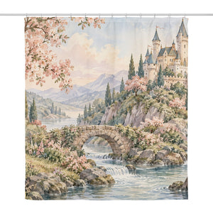 Woodland Castle Fairy Tale shower curtain, full front view of the 71 x 74 in fabric curtain