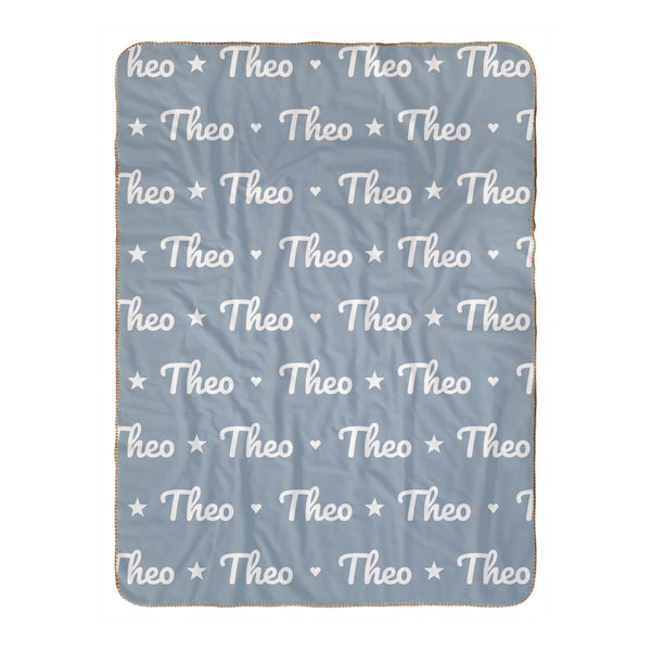 Name Pattern sherpa baby blanket in dusty blue