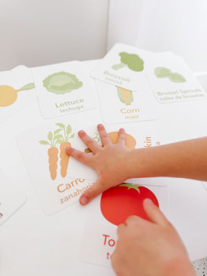 "Colorful vegetable flashcards for babies, promoting learning and fun, displayed at a 15-degree angle."