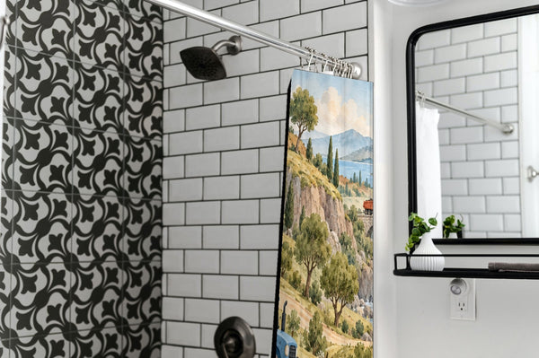 Vehicle Landscape shower curtain in a modern farmhouse bathroom with subway tile