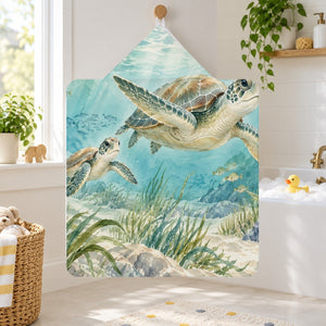 Sea Turtles Ocean kids hooded bath towel hanging in a kids bathroom