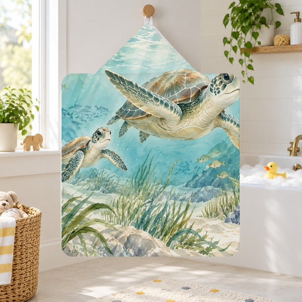 Sea Turtles Ocean kids hooded bath towel hanging in a kids bathroom