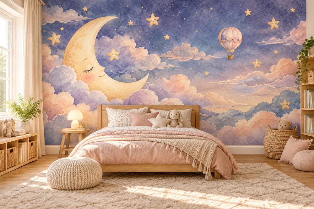 Watercolor Twilight Moon Hot Air Balloon Wall Mural, image 1