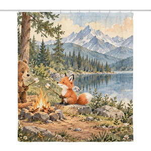 Bear and Fox Campfire Camping shower curtain, full front view of the 71 x 74 in fabric curtain