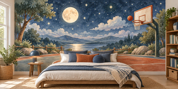 Watercolor Moonlit Court Basketball Wall Mural, image 2