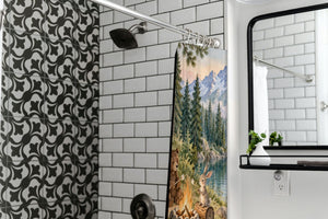 Woodland Adventure Camping shower curtain in a modern farmhouse bathroom with subway tile