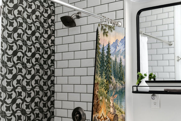 Woodland Adventure Camping shower curtain in a modern farmhouse bathroom with subway tile
