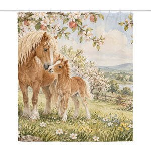 Pony Orchard Farm shower curtain, full front view of the 71 x 74 in fabric curtain