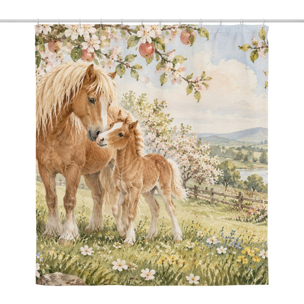 Pony Orchard Farm shower curtain, full front view of the 71 x 74 in fabric curtain