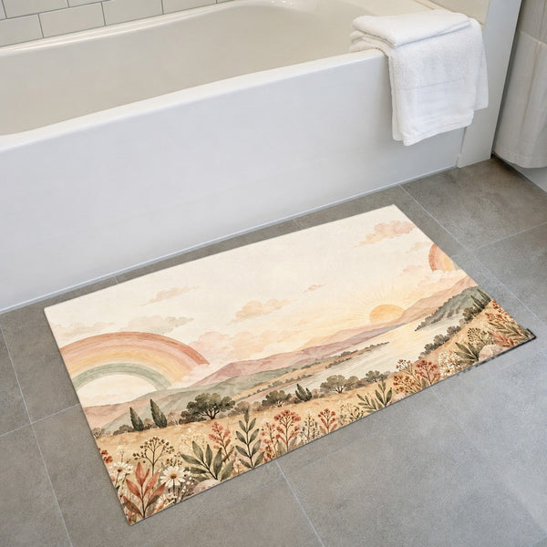 Twin Rainbow Valley bath mat on the floor in front of the tub