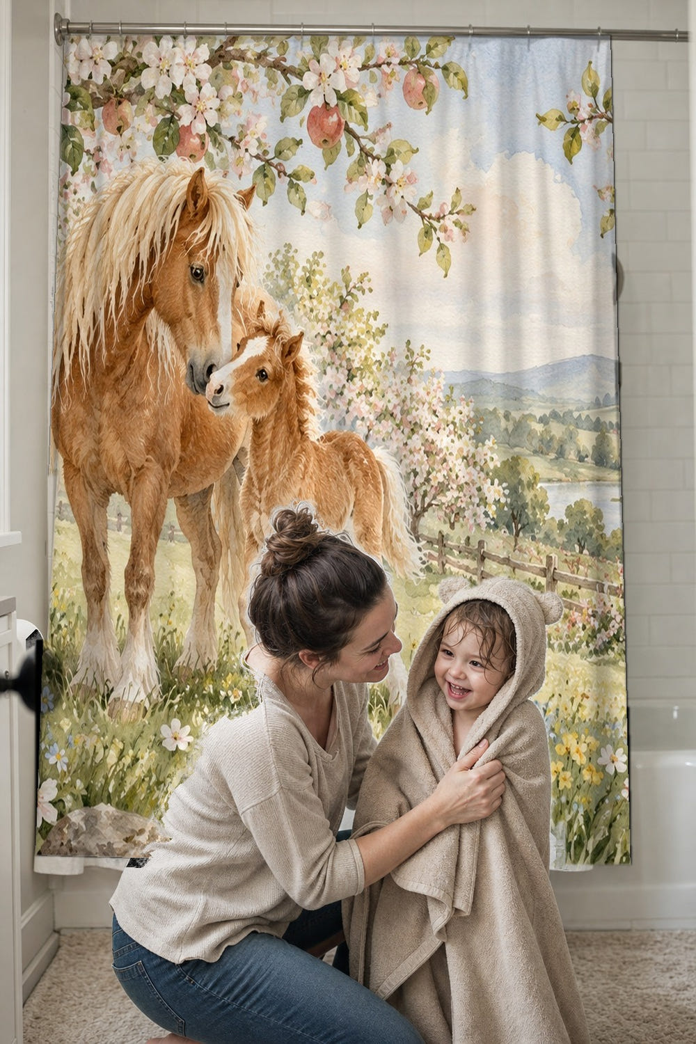 Pony Orchard Farm shower curtain, full front view of the 71 x 74 in fabric curtain