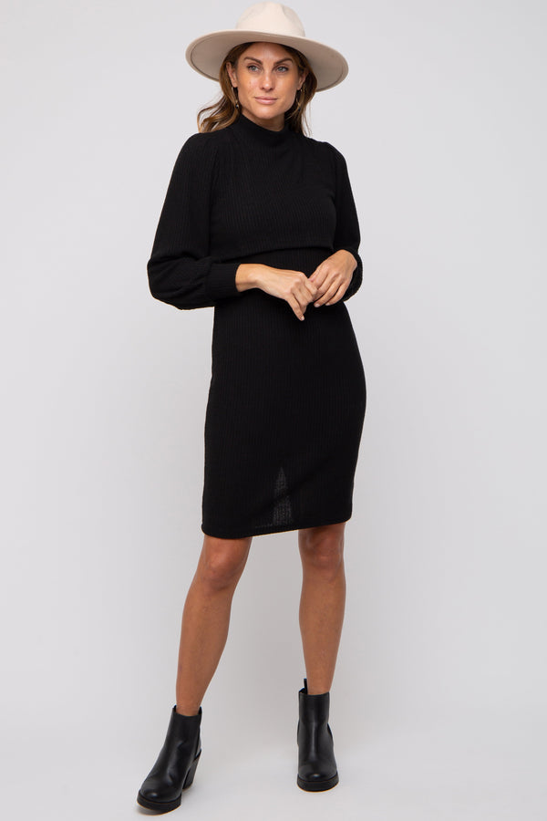 Black Rib Knit Mock Neck Mock Neck Nursing Dress