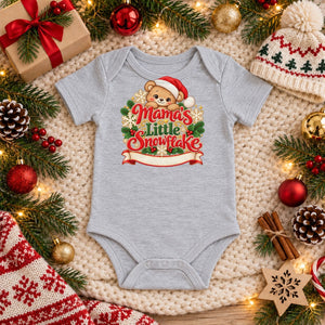 Personalize the Mama's Little Snowflake baby bodysuit in heather grey with your baby's name