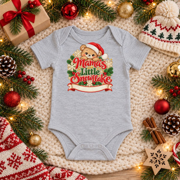 Personalize the Mama's Little Snowflake baby bodysuit in heather grey with your baby's name