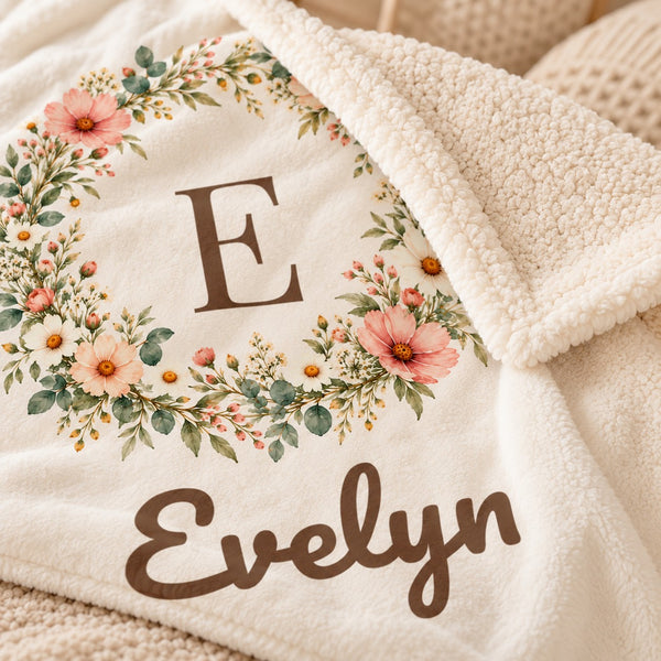 Floral Monogram sherpa baby blanket, personalized, styled photo 2