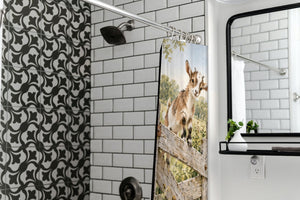 Baby Goats Farm shower curtain in a modern farmhouse bathroom with subway tile
