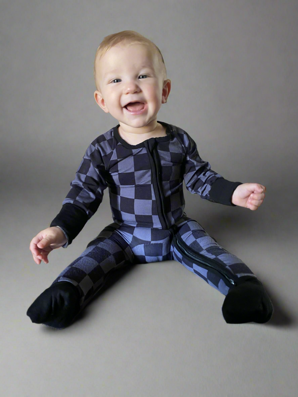 Charcoal Checkers - Long Sleeve Zipper Romper