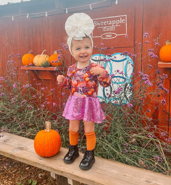 Purple pumpkin Long sleeve mesh skirted romper
