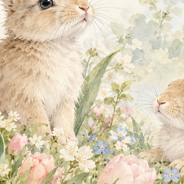 Spring Tulips Bunny shower curtain, close up of the watercolor artwork